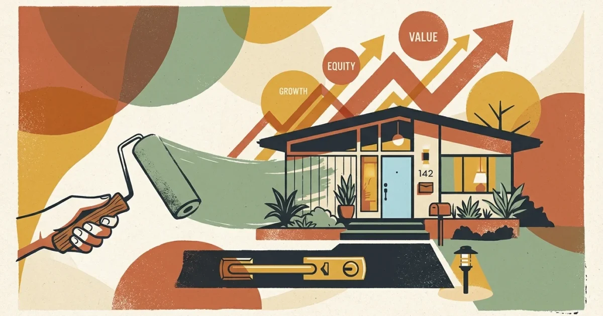 An artistic graphic illustration of a stylized home with DIY tools and a fresh coat of paint representing home value growth.