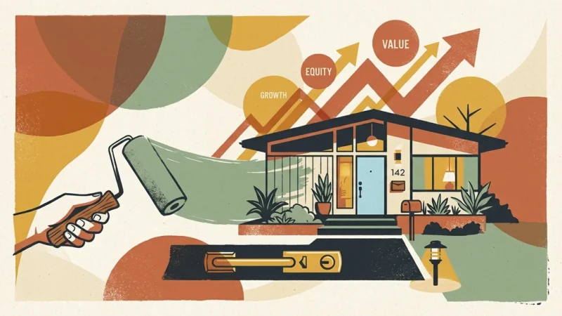 An artistic graphic illustration of a stylized home with DIY tools and a fresh coat of paint representing home value growth.