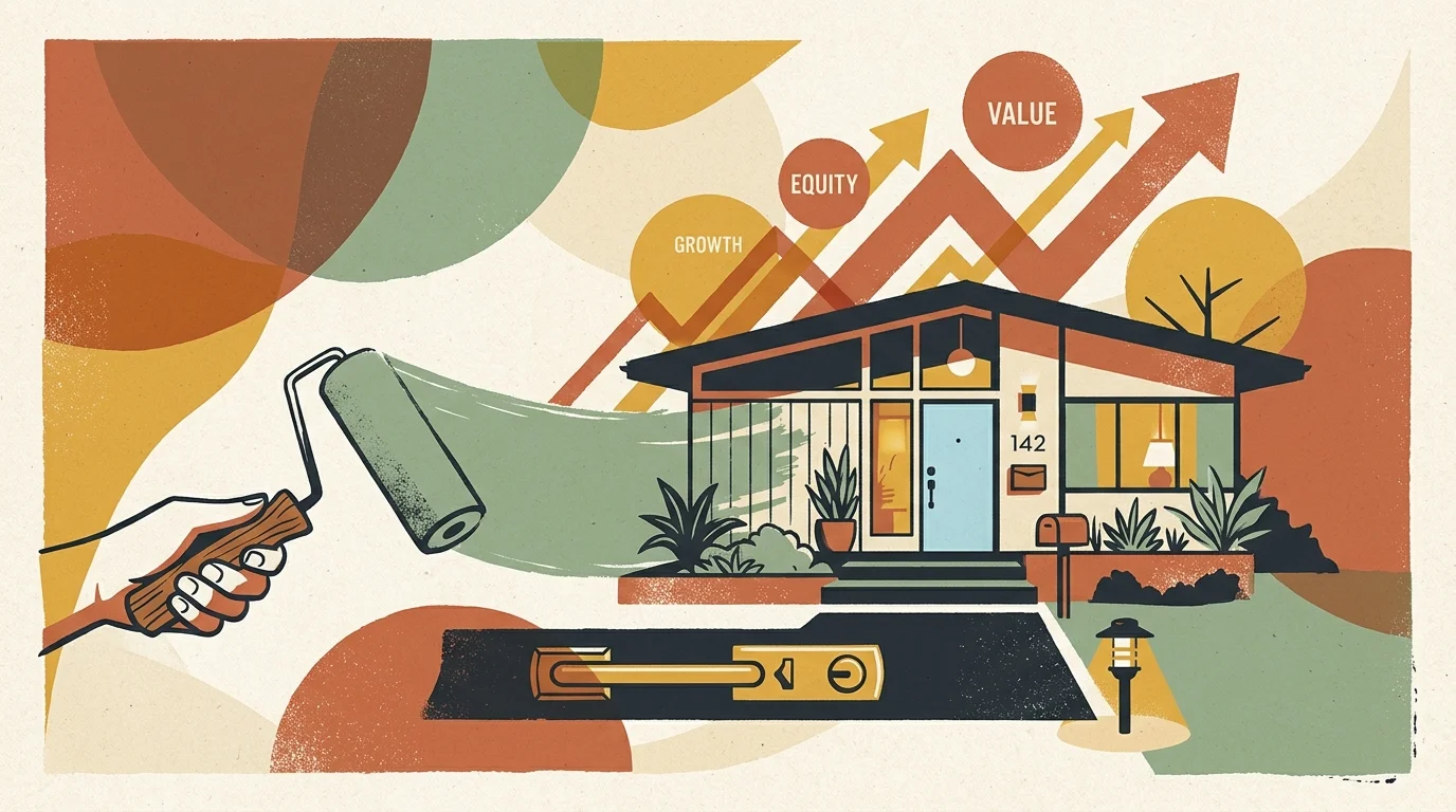 An artistic graphic illustration of a stylized home with DIY tools and a fresh coat of paint representing home value growth.
