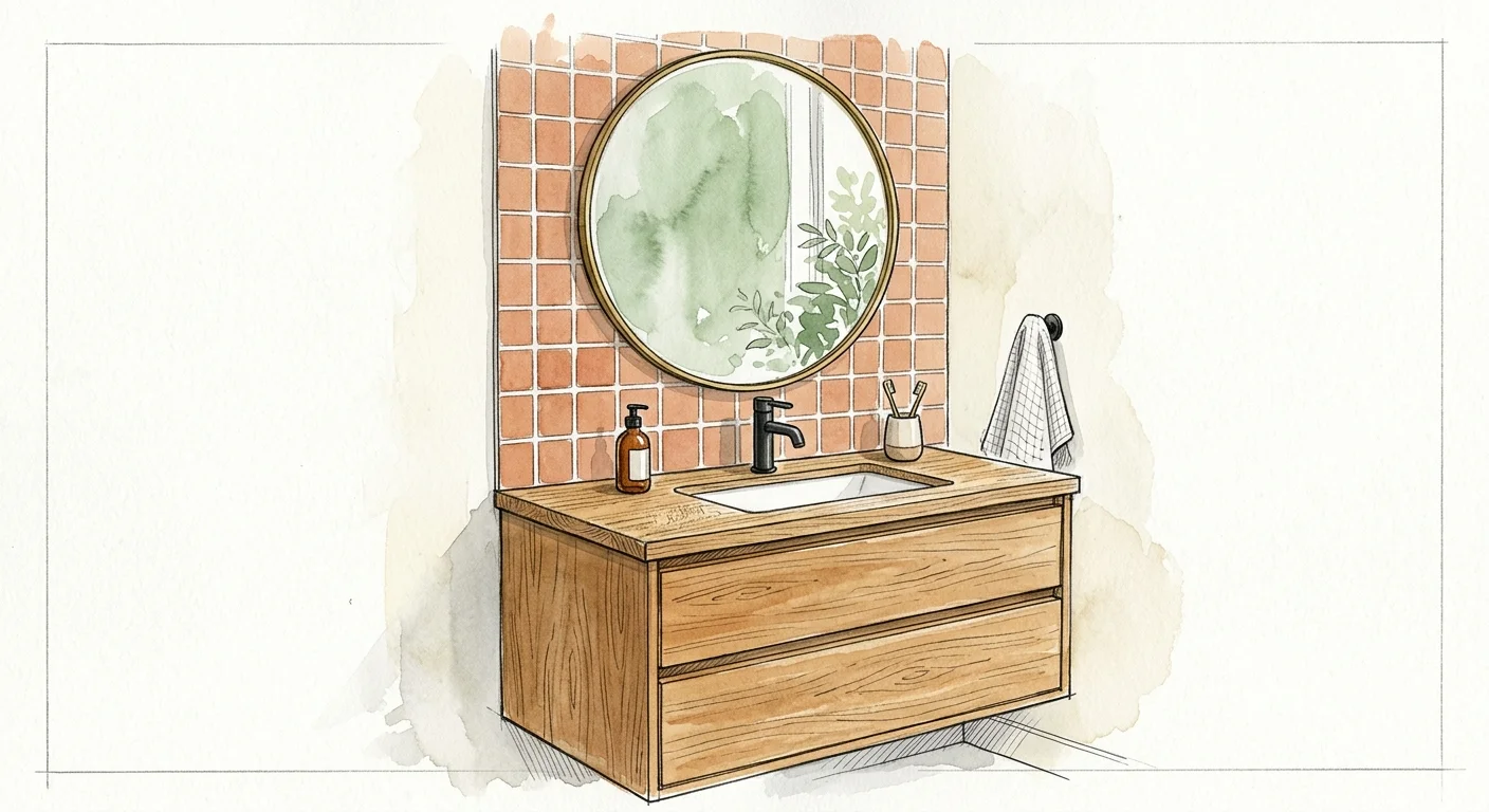 An artistic watercolor illustration of a bathroom vanity with an oak cabinet, round brass mirror, and terracotta tile backsplash.