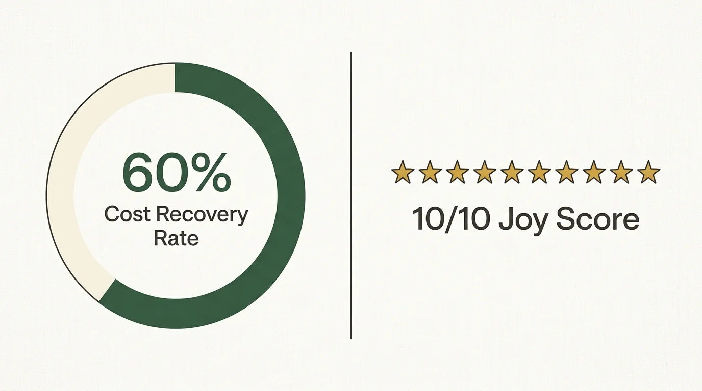 An editorial infographic showing a 60% cost recovery rate and a perfect 10 out of 10 joy score for kitchen cabinet refacing.
