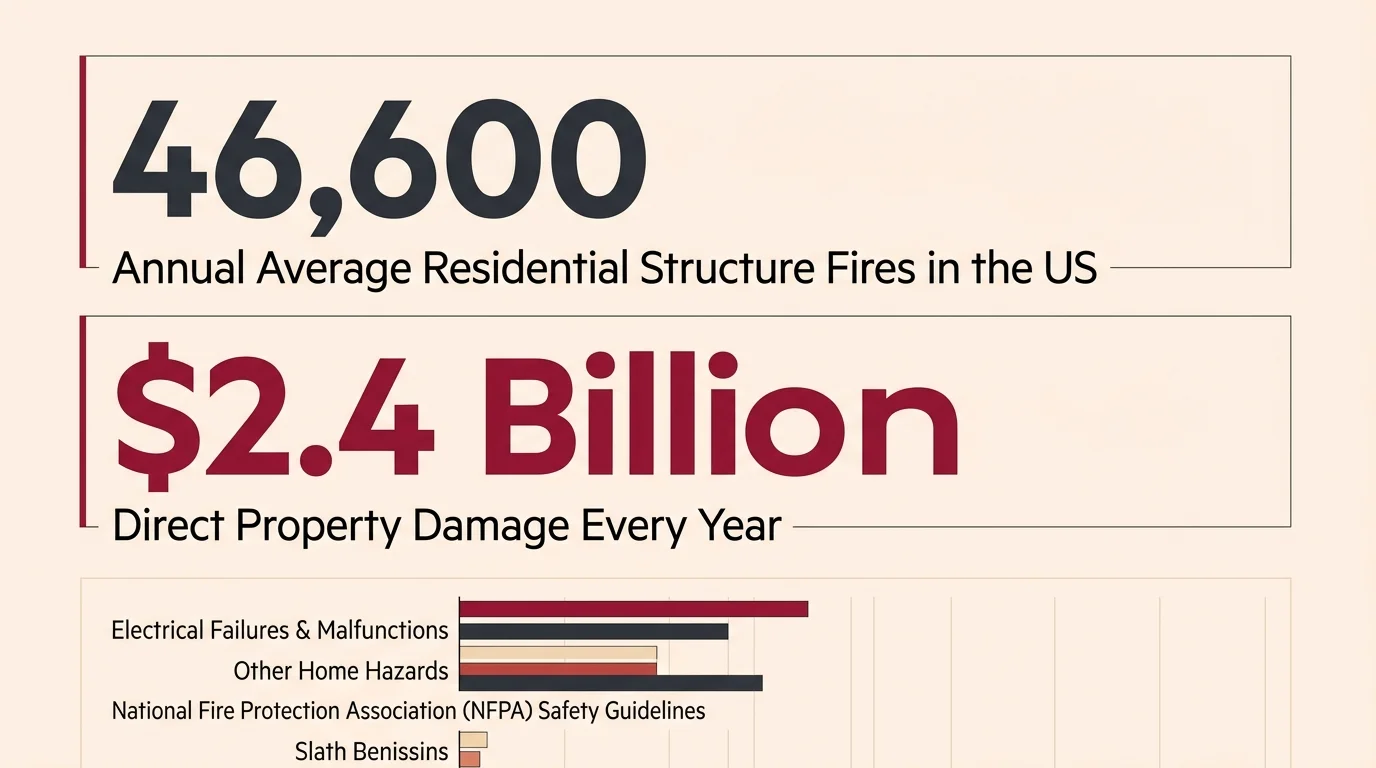 An infographic showing National Fire Protection Association statistics of 46,600 annual structure fires and $2.4 billion in damage.