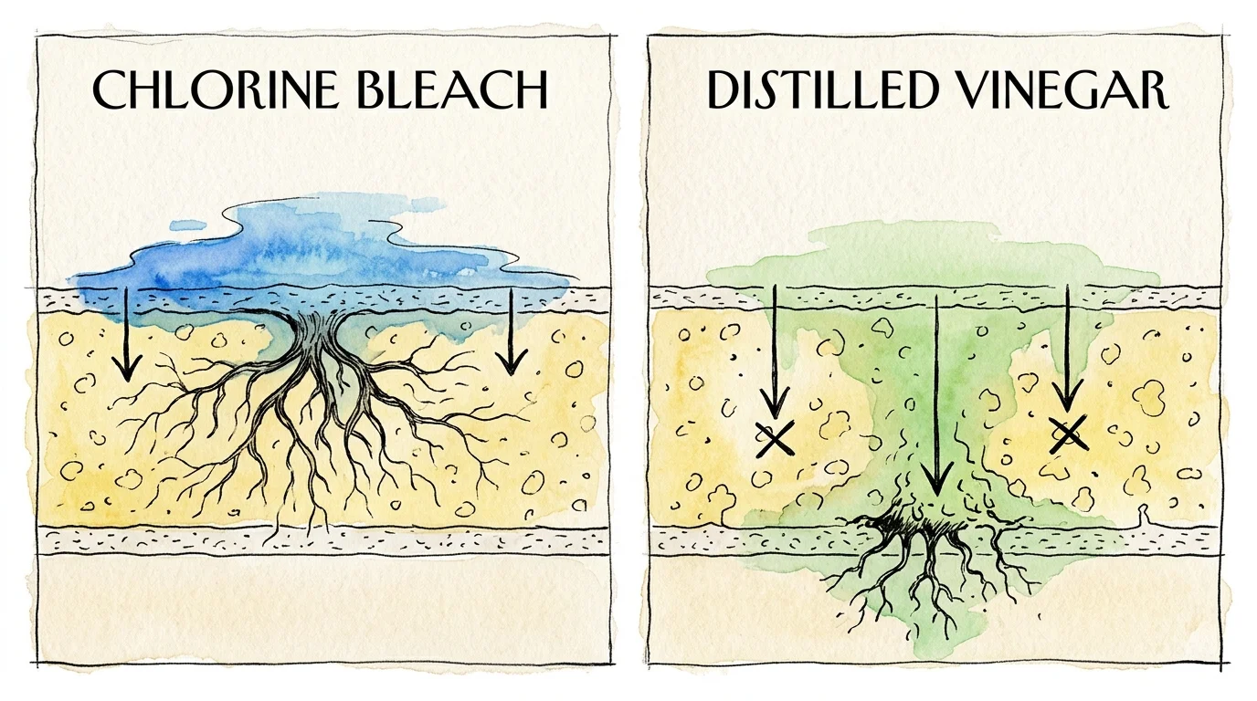 An ink and watercolor diagram comparing how bleach sits on the surface while vinegar penetrates deep to destroy mold roots.