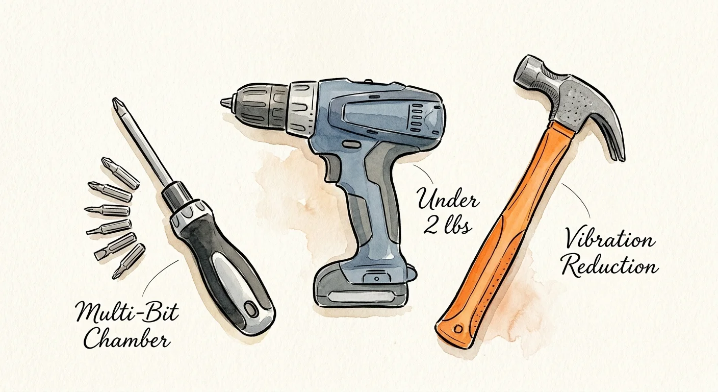 An ink and watercolor illustration of a 12-volt drill, a fiberglass claw hammer, and a ratcheting screwdriver with labeled features.