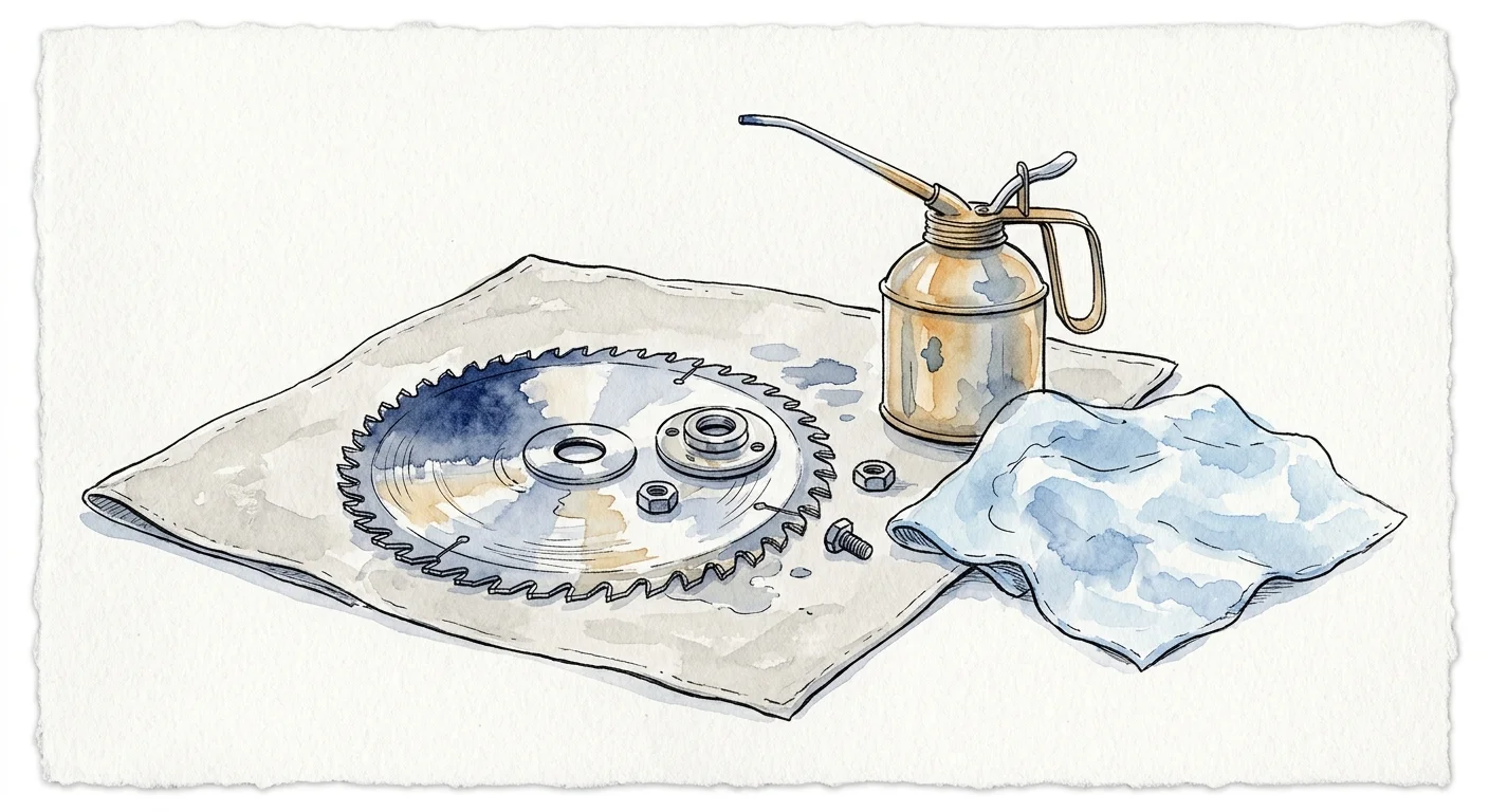 An ink and watercolor illustration of a circular saw blade being cleaned and oiled on a workspace table.