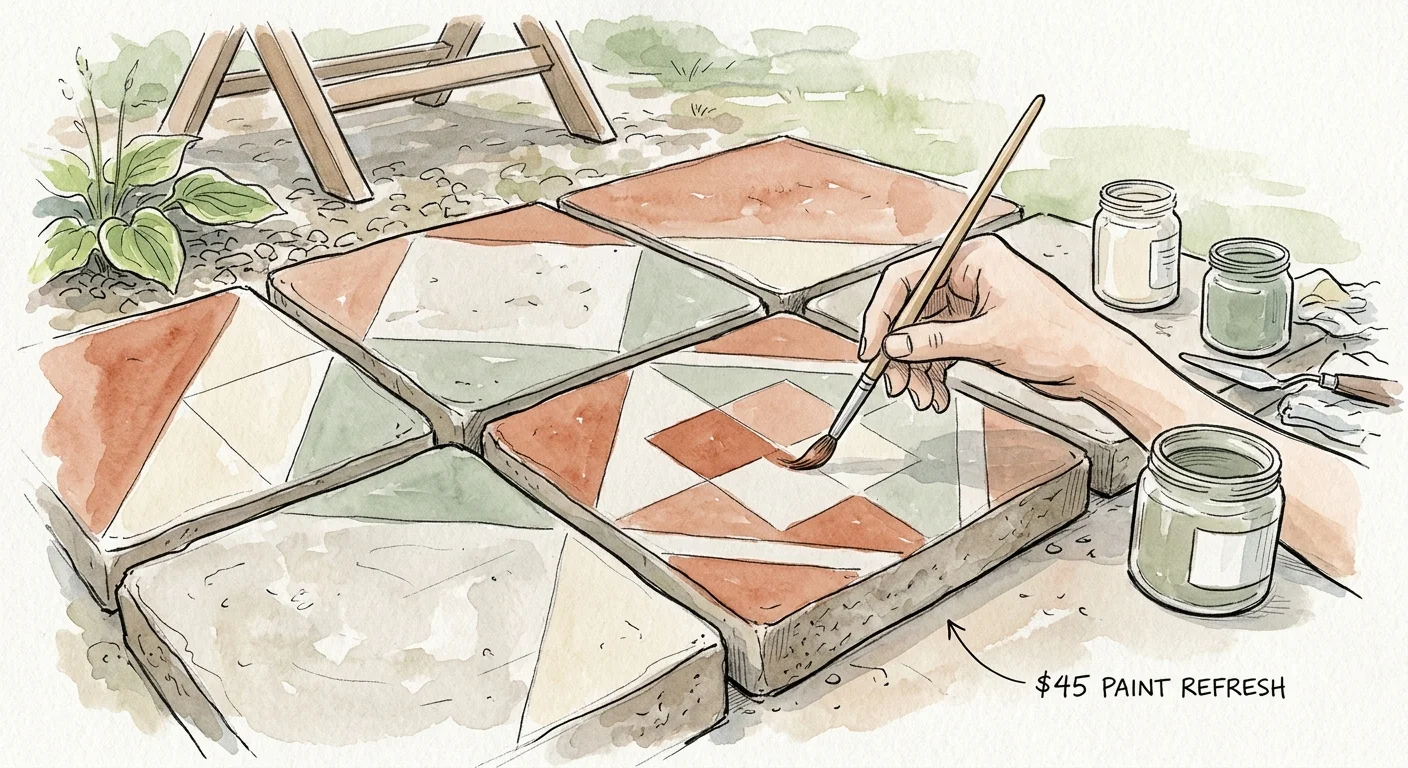 An ink and watercolor illustration of a hand painting a geometric terracotta pattern on concrete patio pavers, labeled $45 Paint Refresh.