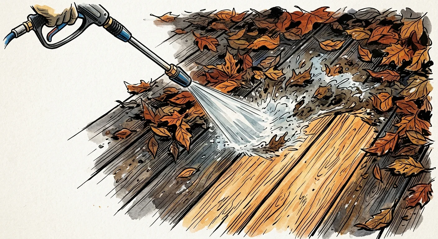 An ink and watercolor illustration of a pressure washer cleaning a wooden deck, clearing away wet autumn leaves to reveal clean wood.