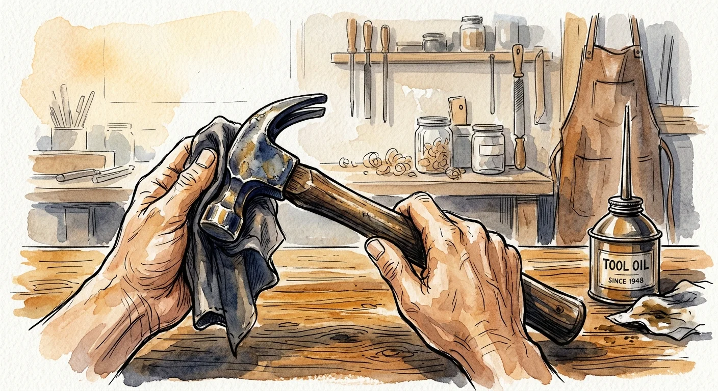 An ink and watercolor illustration of hands wiping down a hammer with a soft cloth next to a classic oil can on a wooden table.