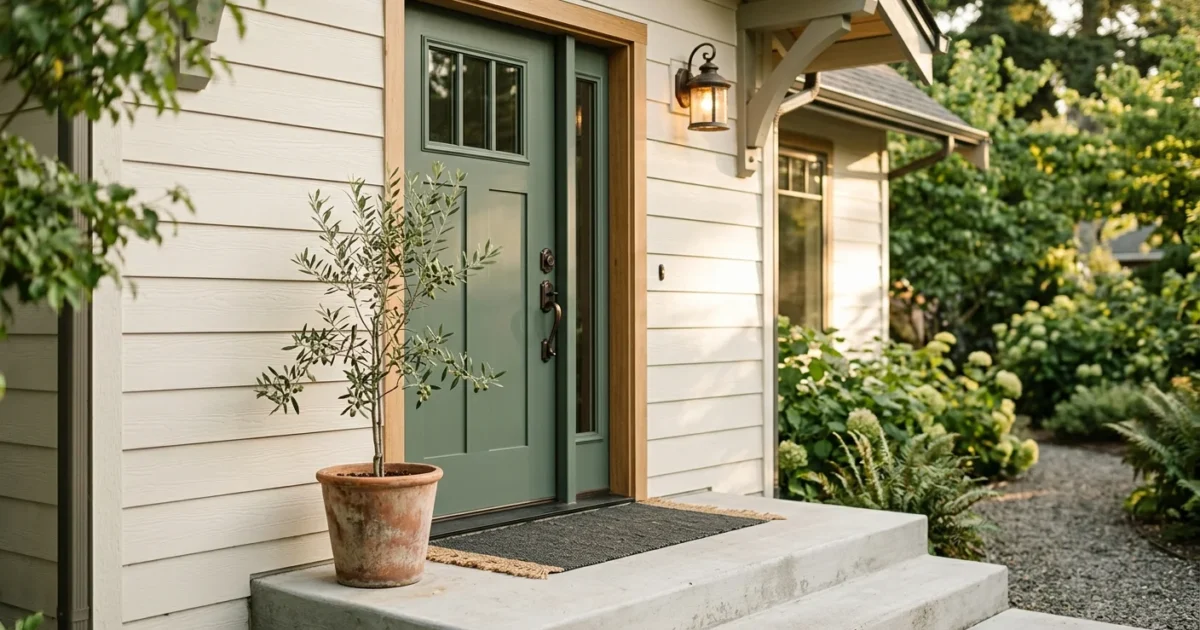 An inviting craftsman-style front porch featuring a sage green steel entry door, a terracotta potted olive plant, and warm golden sunlight.