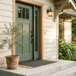 An inviting craftsman-style front porch featuring a sage green steel entry door, a terracotta potted olive plant, and warm golden sunlight.