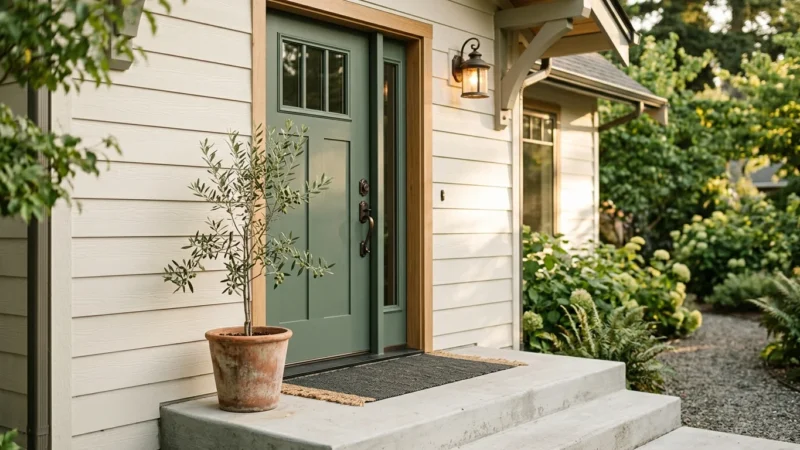 An inviting craftsman-style front porch featuring a sage green steel entry door, a terracotta potted olive plant, and warm golden sunlight.