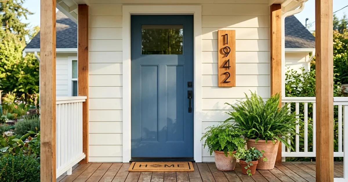 An inviting front porch featuring a freshly painted slate blue door, cedar plaque with modern house numbers, and potted ferns in morning lig