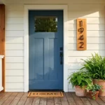 An inviting front porch featuring a freshly painted slate blue door, cedar plaque with modern house numbers, and potted ferns in morning lig
