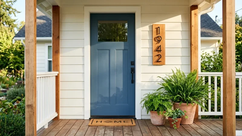 An inviting front porch featuring a freshly painted slate blue door, cedar plaque with modern house numbers, and potted ferns in morning lig