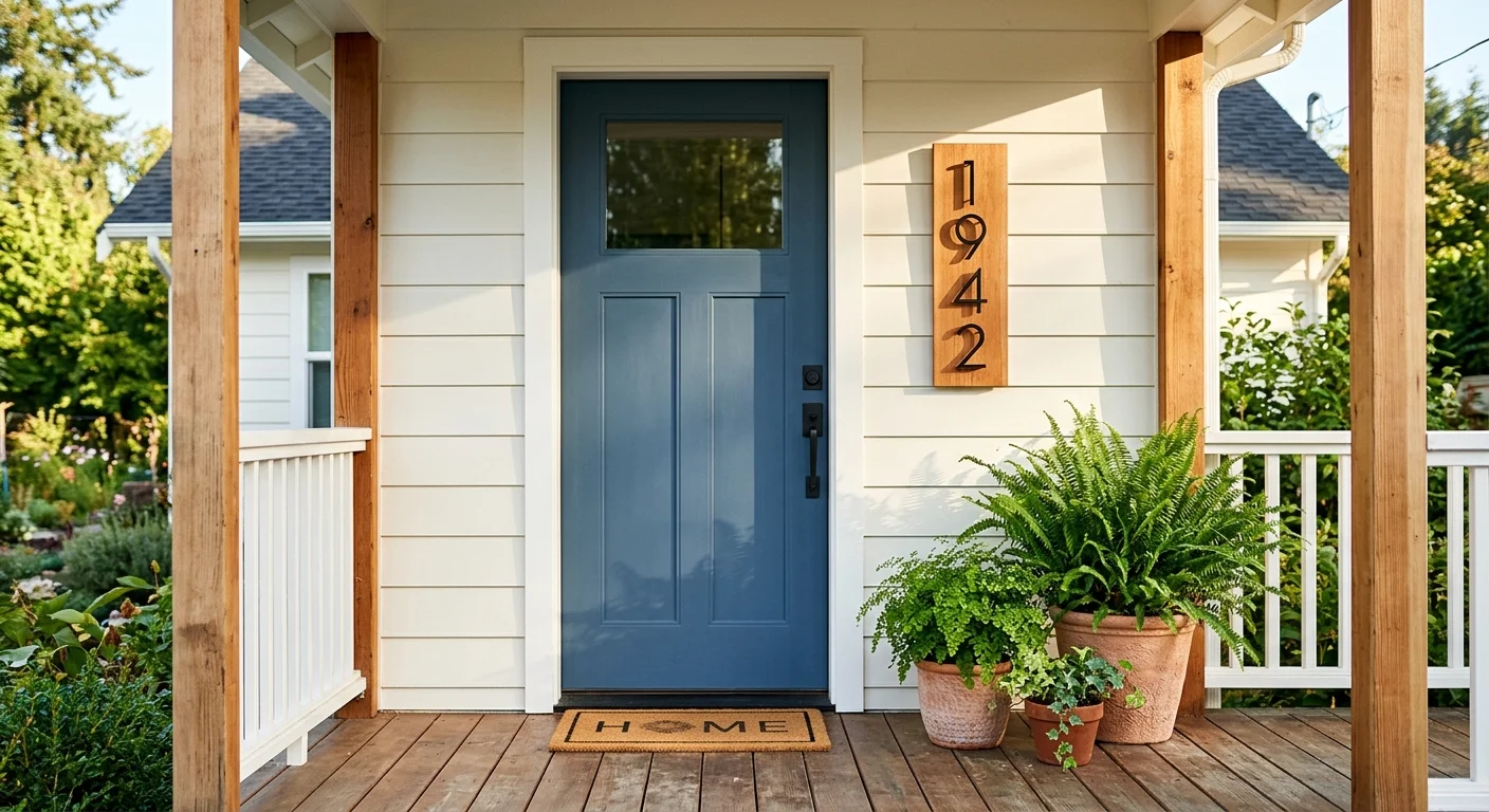 An inviting front porch featuring a freshly painted slate blue door, cedar plaque with modern house numbers, and potted ferns in morning lig