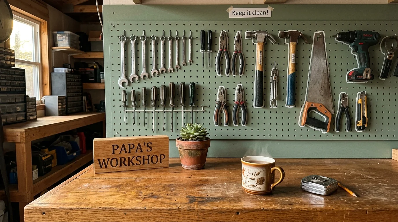 An organized home workbench with a green pegboard, neatly hung tools, a potted succulent, and a personalized wooden sign.