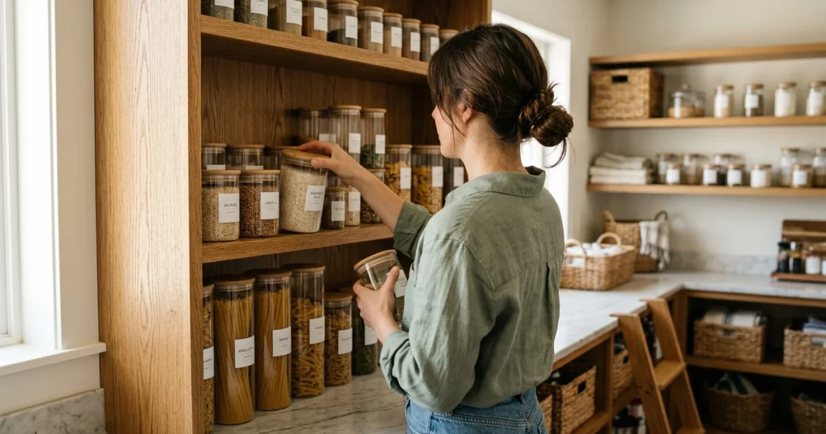 An over-the-shoulder shot of a woman organizing clear glass jars on warm oak pantry shelves filled with sunlight.