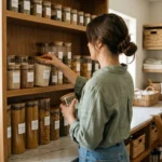 An over-the-shoulder shot of a woman organizing clear glass jars on warm oak pantry shelves filled with sunlight.