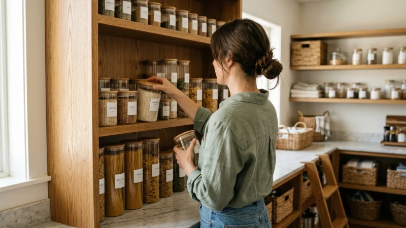 An over-the-shoulder shot of a woman organizing clear glass jars on warm oak pantry shelves filled with sunlight.