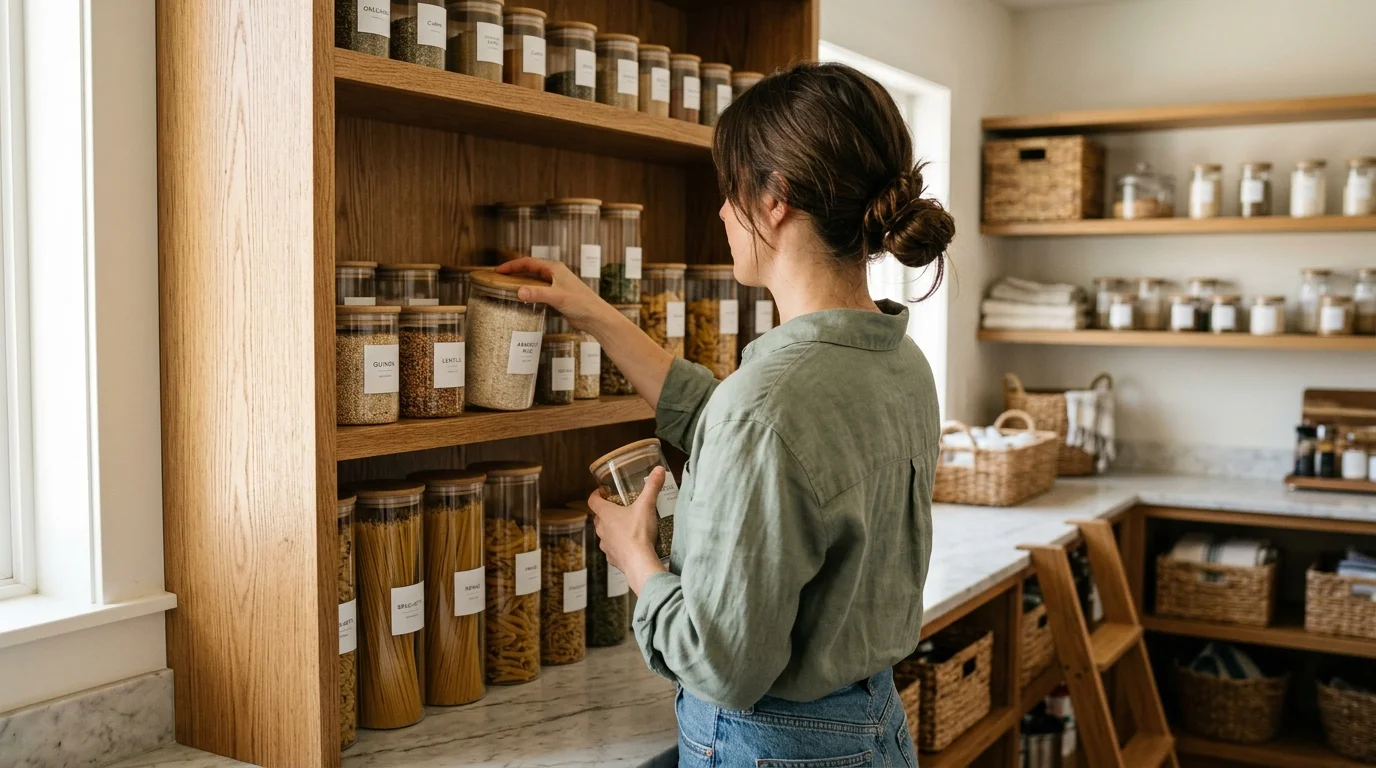 An over-the-shoulder shot of a woman organizing clear glass jars on warm oak pantry shelves filled with sunlight.