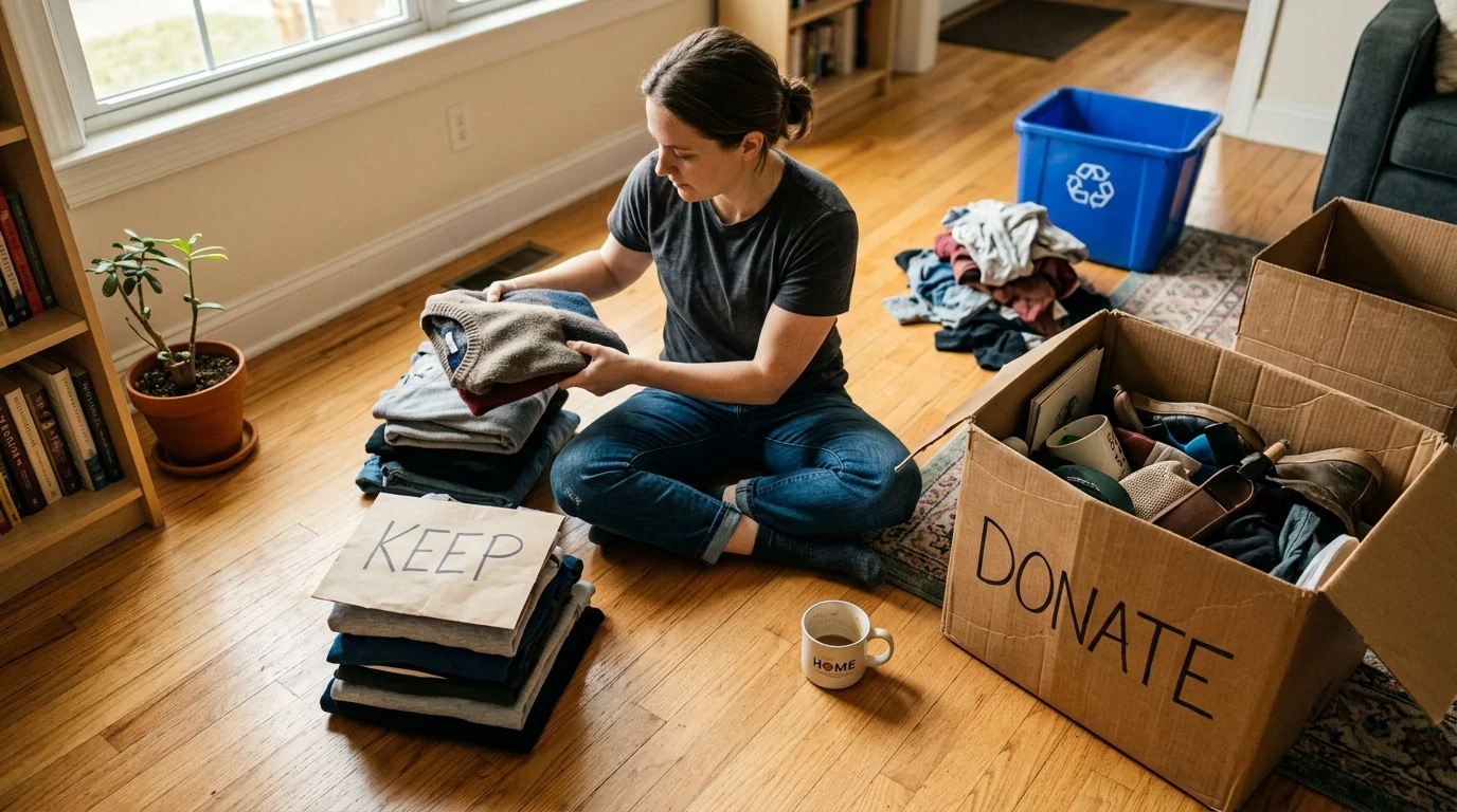 An overhead snapshot of a person sorting clothes into keep and donate piles on a hardwood living room floor.
