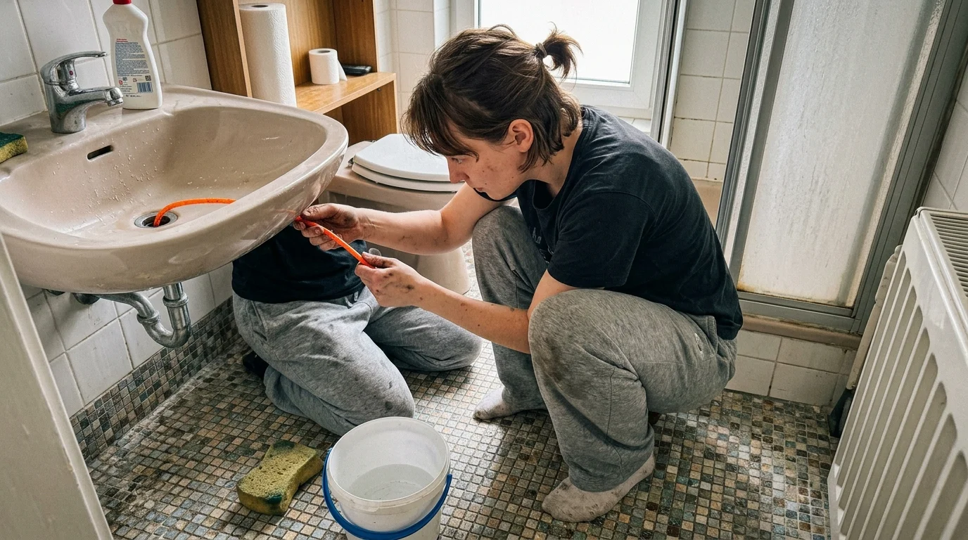 Candid snapshot of a person using a plastic zip-it plumbing tool to clear hair from a bathroom sink drain.