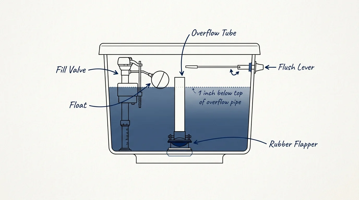 Clean technical diagram showing toilet tank mechanics, including the flapper, overflow tube, and fill valve.