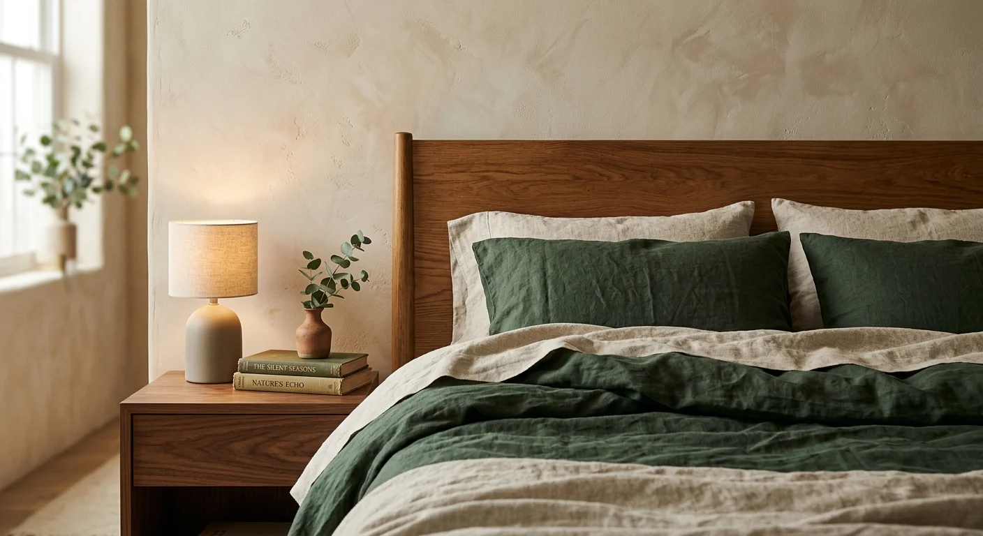 Close-up of a styled bed corner with forest green and oatmeal linens, a walnut nightstand, a glowing ceramic lamp, and books.