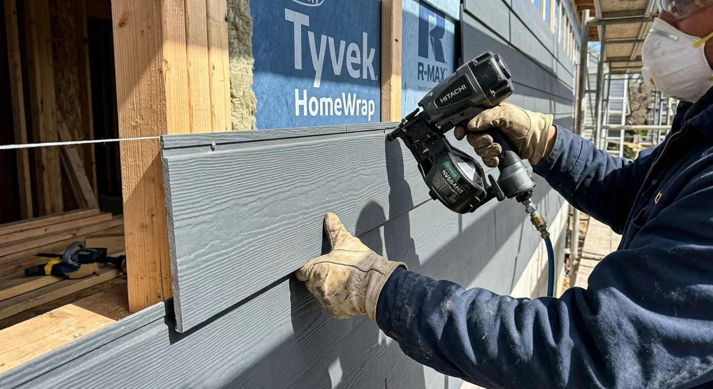 Close-up of gloved hands installing slate-gray horizontal fiber-cement siding planks on a house exterior under bright sunlight.