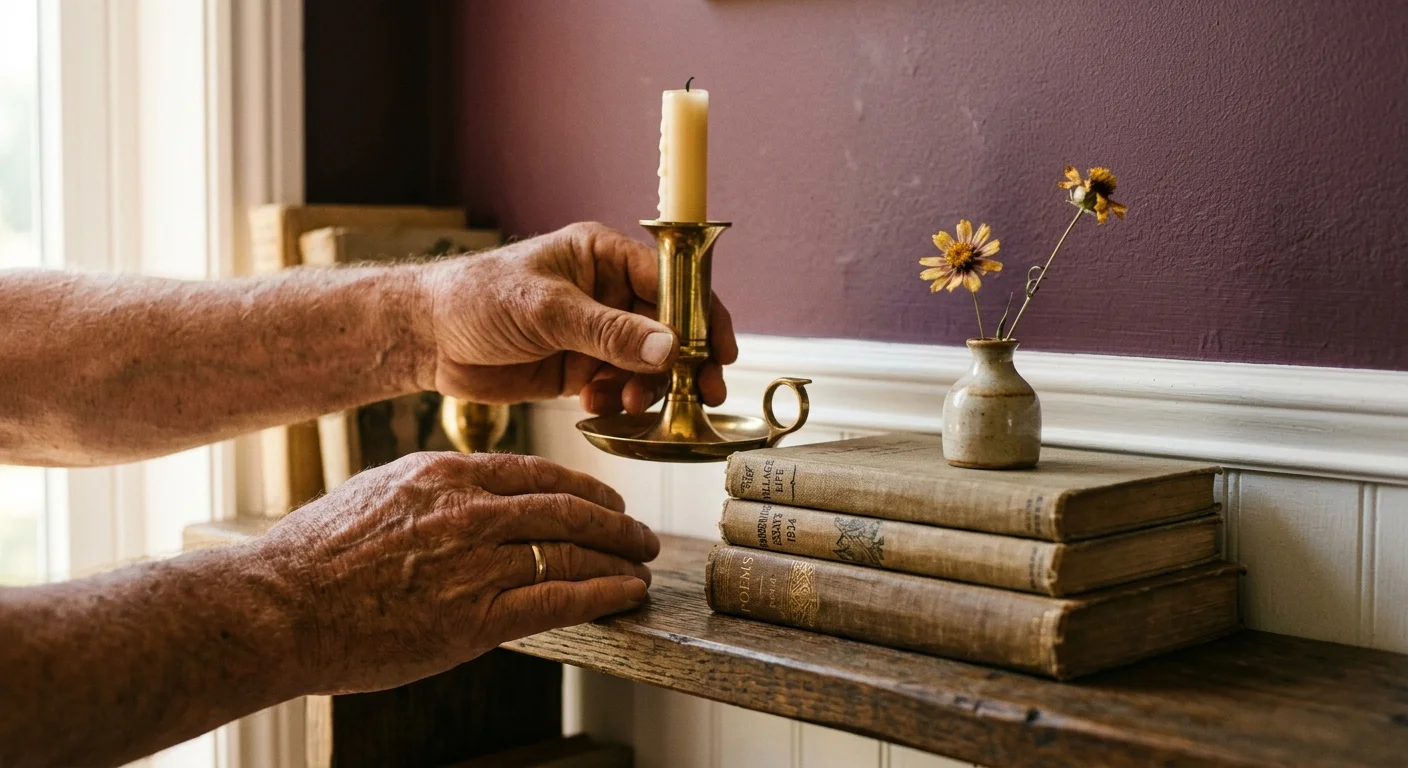 Close-up of hands arranging a brass candlestick and old books on a shelf against a deep plum painted wall.
