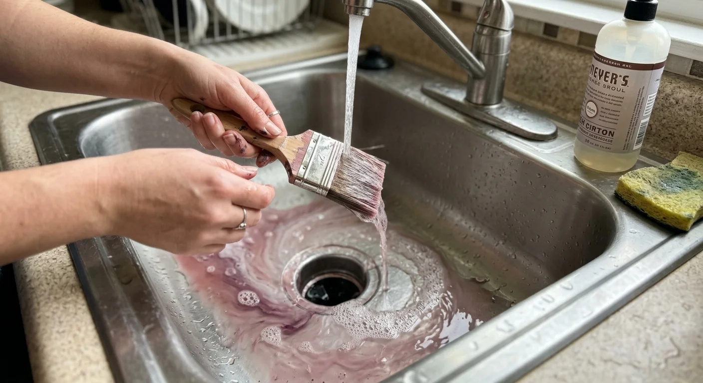 Close-up of hands rinsing paint from a sash brush under running water in a stainless steel kitchen sink.