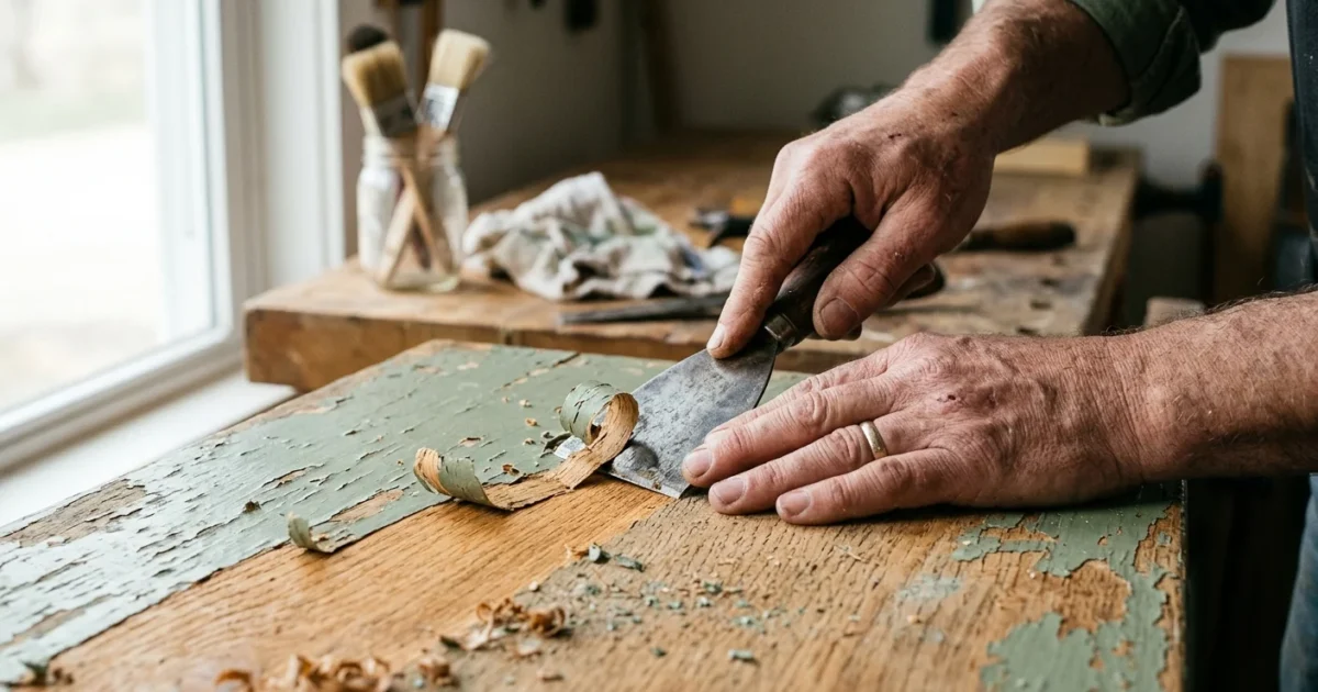 Close-up of hands scraping old green paint off a vintage wooden dresser to reveal the clean, warm oak wood grain underneath.