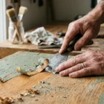 Close-up of hands scraping old green paint off a vintage wooden dresser to reveal the clean, warm oak wood grain underneath.
