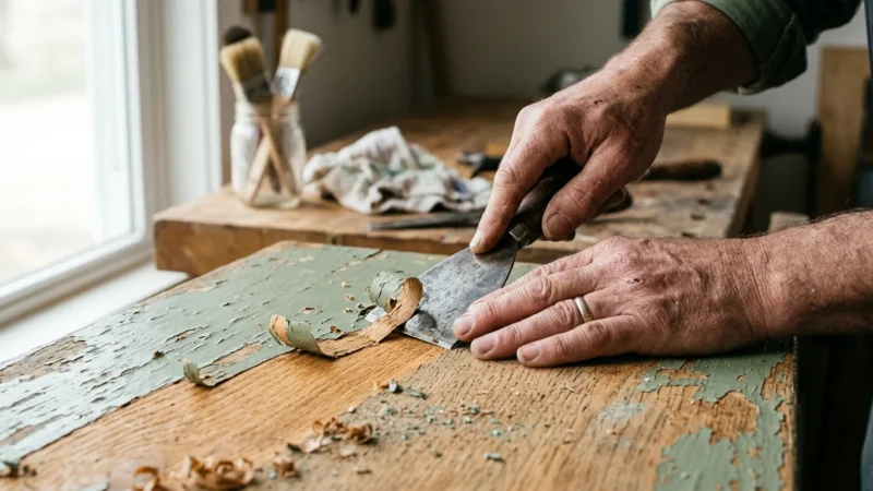 Close-up of hands scraping old green paint off a vintage wooden dresser to reveal the clean, warm oak wood grain underneath.