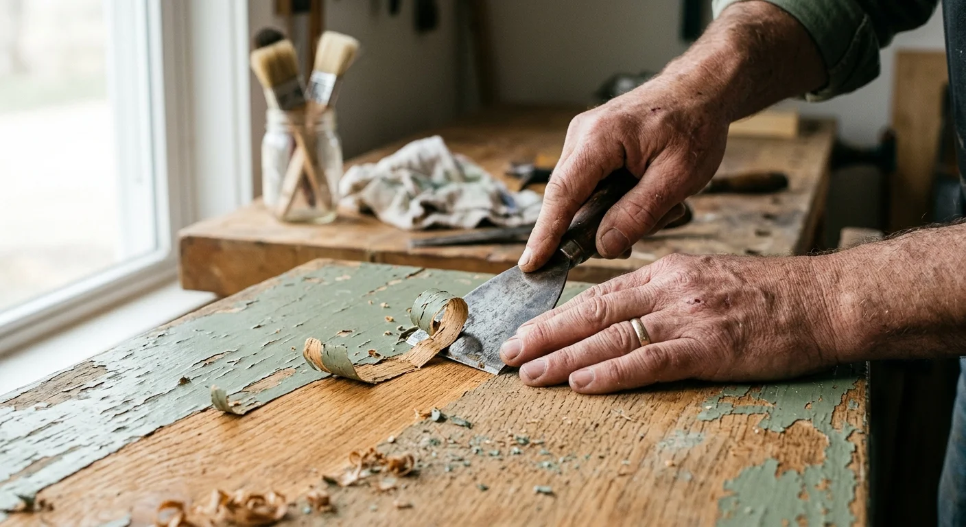 Close-up of hands scraping old green paint off a vintage wooden dresser to reveal the clean, warm oak wood grain underneath.