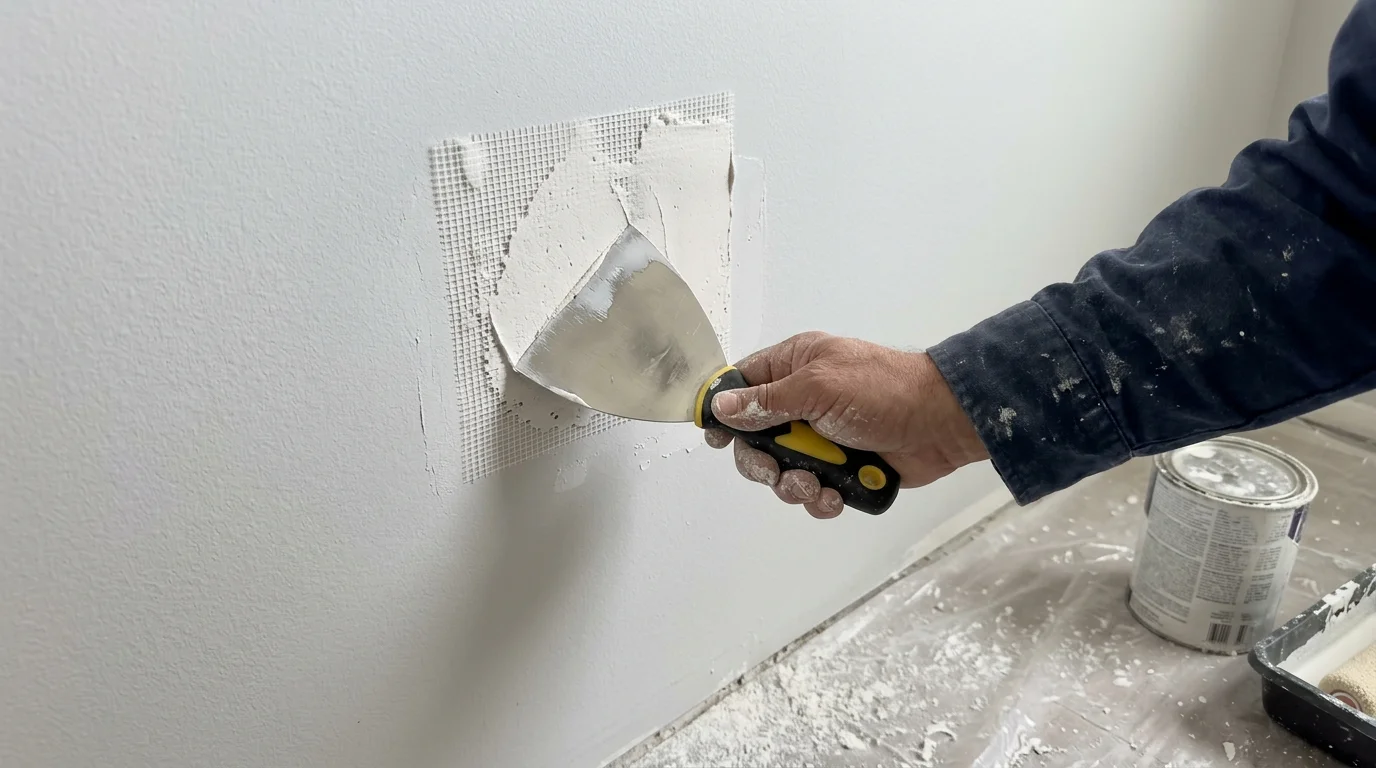 Close-up photo of a flexible putty knife spreading white joint compound smoothly over a mesh drywall patch.