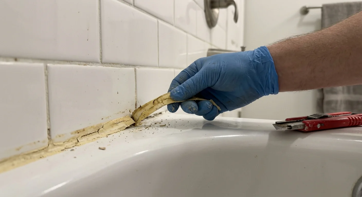 Close-up photo of a gloved hand peeling away old, discolored caulk from a white bathtub seam.