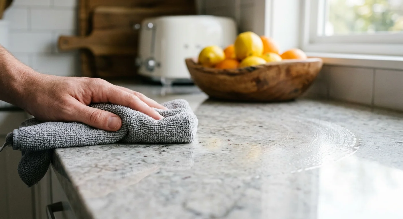 Close-up photo of a hand cleaning a polished kitchen countertop with a soft gray microfiber cloth.