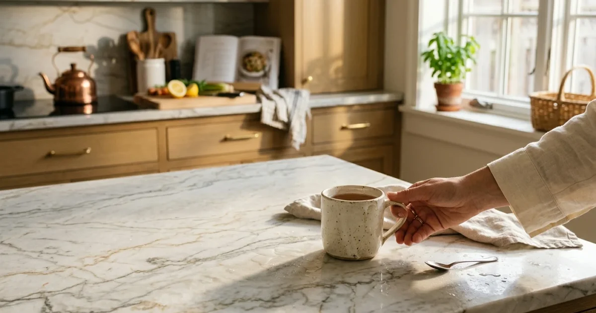 Close-up photo of a kitchen with a natural white quartzite countertop, golden sunlight illuminating the soft gray veining.