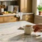 Close-up photo of a kitchen with a natural white quartzite countertop, golden sunlight illuminating the soft gray veining.