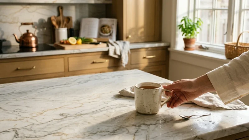 Close-up photo of a kitchen with a natural white quartzite countertop, golden sunlight illuminating the soft gray veining.