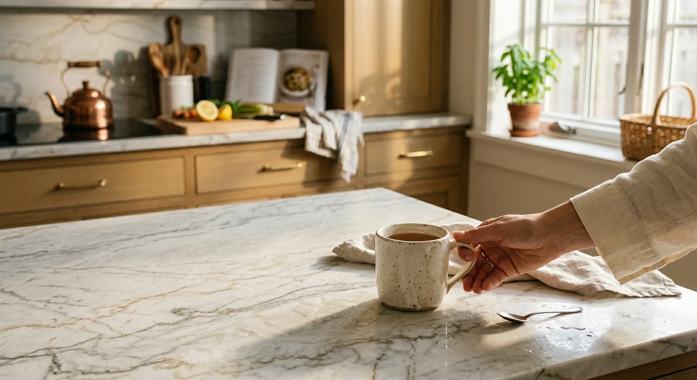 Close-up photo of a kitchen with a natural white quartzite countertop, golden sunlight illuminating the soft gray veining.