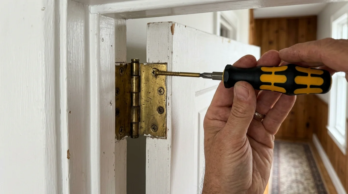 Close-up photo of a screwdriver tightening a screw on a brass door hinge to align a sagging wooden door.