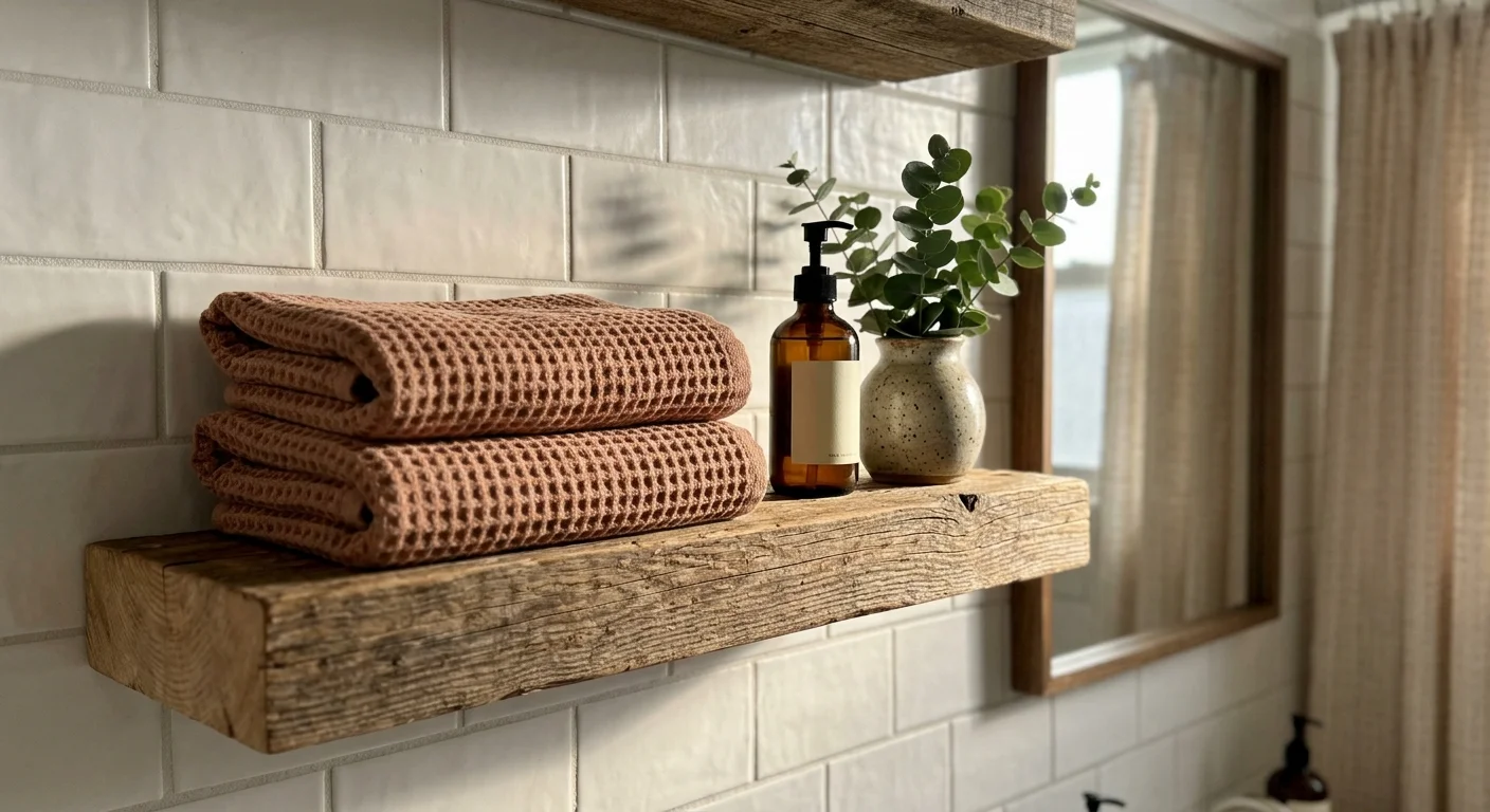 Close-up photo of a wooden shelf holding folded clay-colored waffle-weave towels, an amber soap dispenser, and eucalyptus.