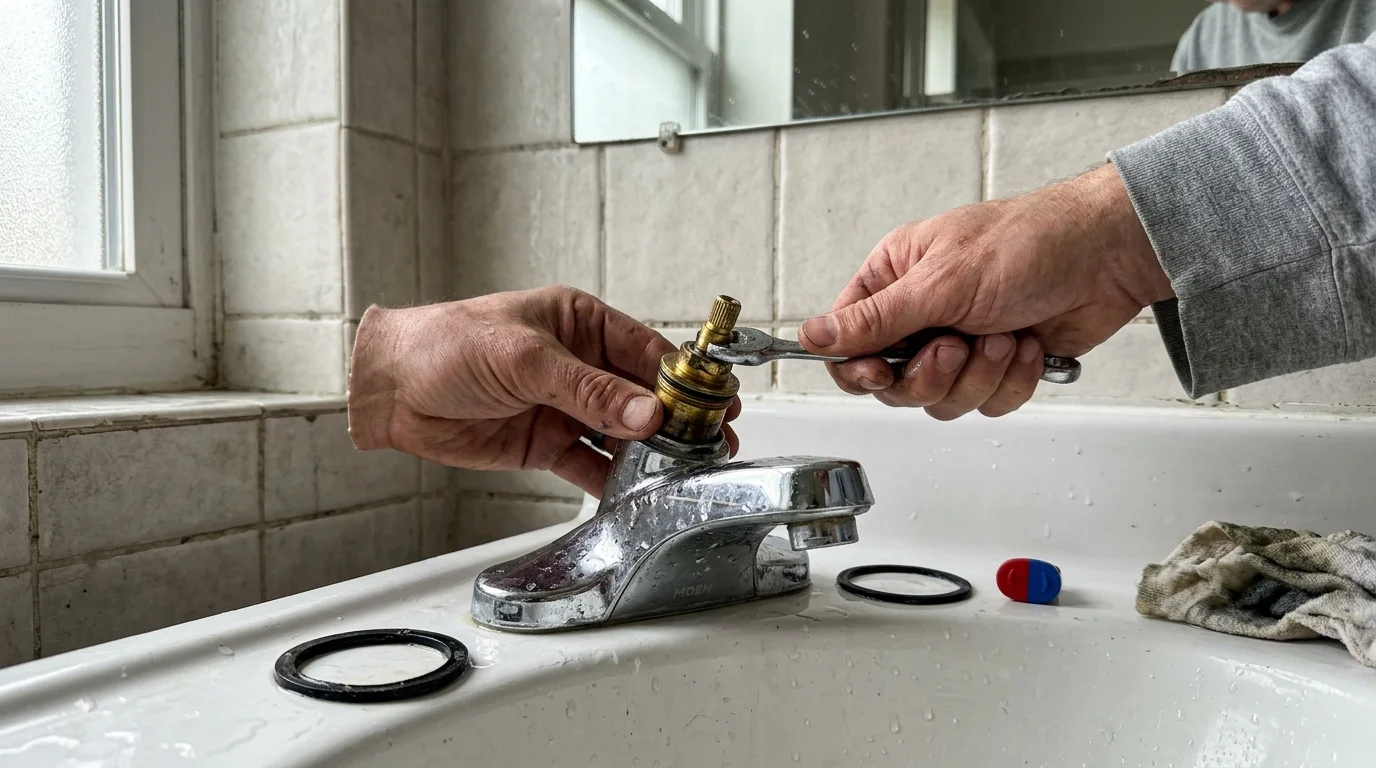 Close-up photo of hands using pliers to replace a brass faucet cartridge in a bathroom sink, with an old O-ring nearby.