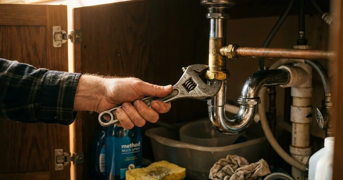 Close-up photograph of hands using an adjustable wrench to tighten a plumbing joint under a wooden kitchen sink.