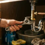Close-up photograph of hands using an adjustable wrench to tighten a plumbing joint under a wooden kitchen sink.