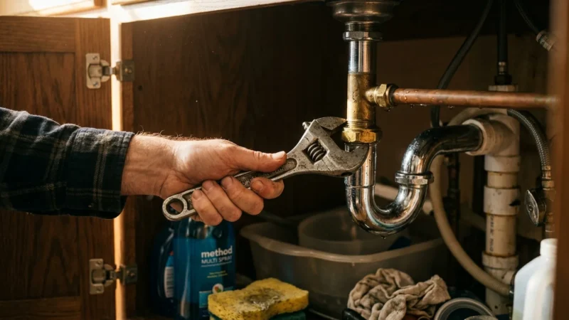 Close-up photograph of hands using an adjustable wrench to tighten a plumbing joint under a wooden kitchen sink.