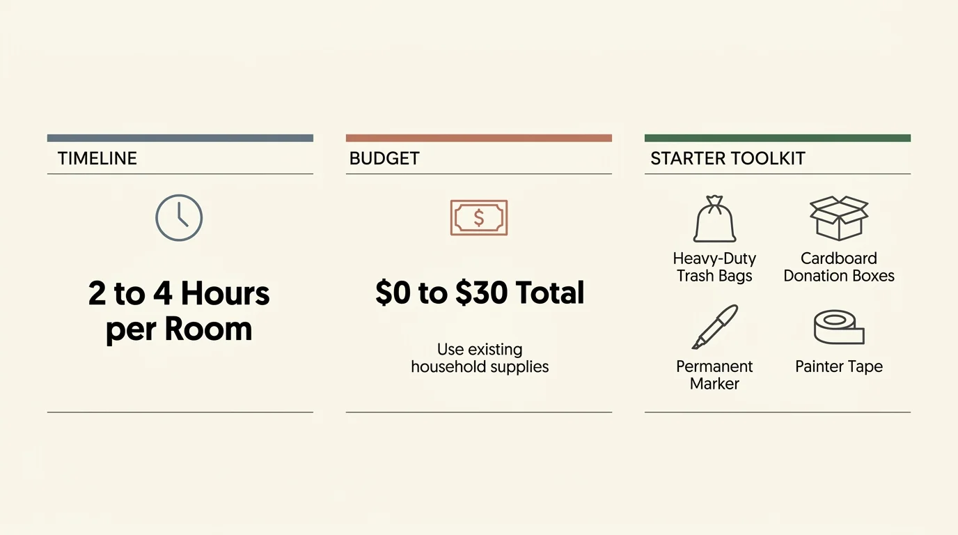 Diagram outlining a timeline of 2 to 4 hours, a budget of $0 to $30, and a starter toolkit with basic supply icons.
