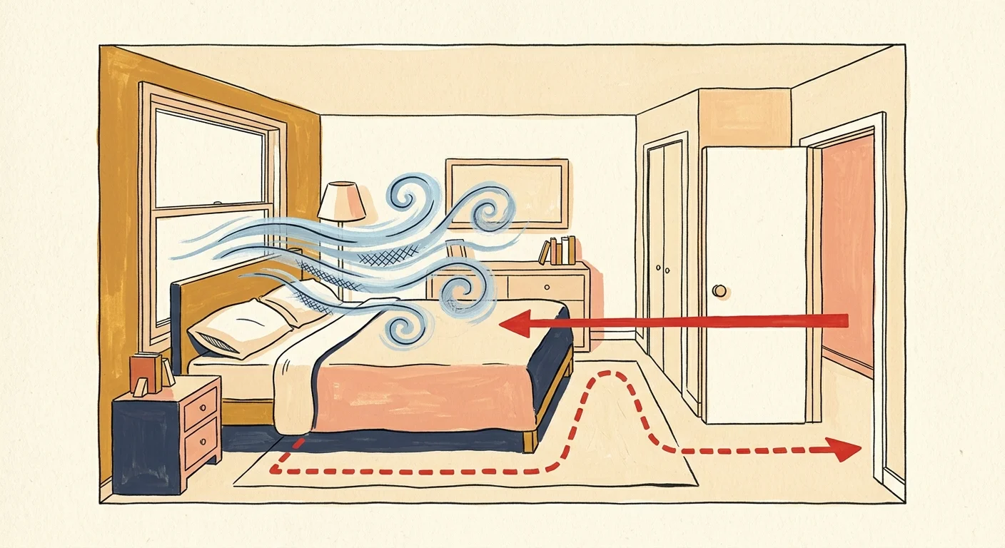 Editorial illustration of a bedroom showing layout mistakes like a drafty window and an awkward walking path highlighted in red.